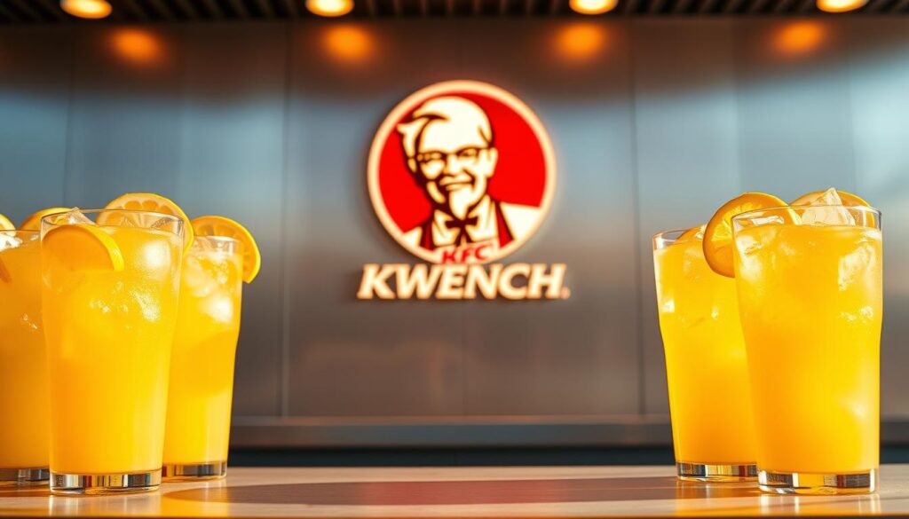 A beautifully lit, high-resolution photograph of a KFC KWENCH Lemonade Refreshers display. The foreground features a row of tall, frosty glasses filled with a vibrant yellow-orange lemonade, garnished with slices of fresh lemon. The middle ground showcases the iconic KFC KWENCH logo prominently displayed on a sleek, metallic backdrop. The background is softly blurred, creating a sense of depth and focus on the refreshing beverages. The lighting is warm and natural, casting gentle shadows and highlights that accentuate the crystalline ice cubes and the glossy sheen of the glasses. The overall composition exudes a refreshing, summery atmosphere, inviting the viewer to experience the tantalizing KFC KWENCH Lemonade Refreshers.