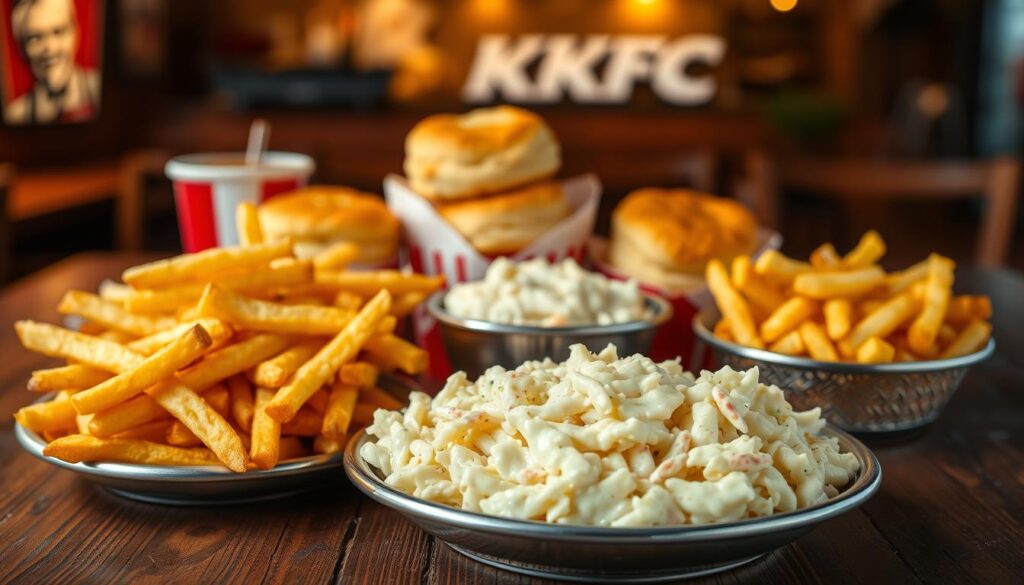A bountiful display of classic KFC side dishes, captured in a warm, inviting setting. In the foreground, crisp golden-brown French fries, fluffy mashed potatoes, and creamy coleslaw are neatly arranged on a rustic wooden table. The middle ground features a selection of KFC's signature biscuits, fresh and flaky, alongside a bowl of savory gravy. In the background, a softly lit environment, with hints of the KFC branding visible, creates a comforting atmosphere. Warm lighting and a shallow depth of field accentuate the mouthwatering textures and colors of the dishes, inviting the viewer to indulge in this satisfying KFC side dish experience.