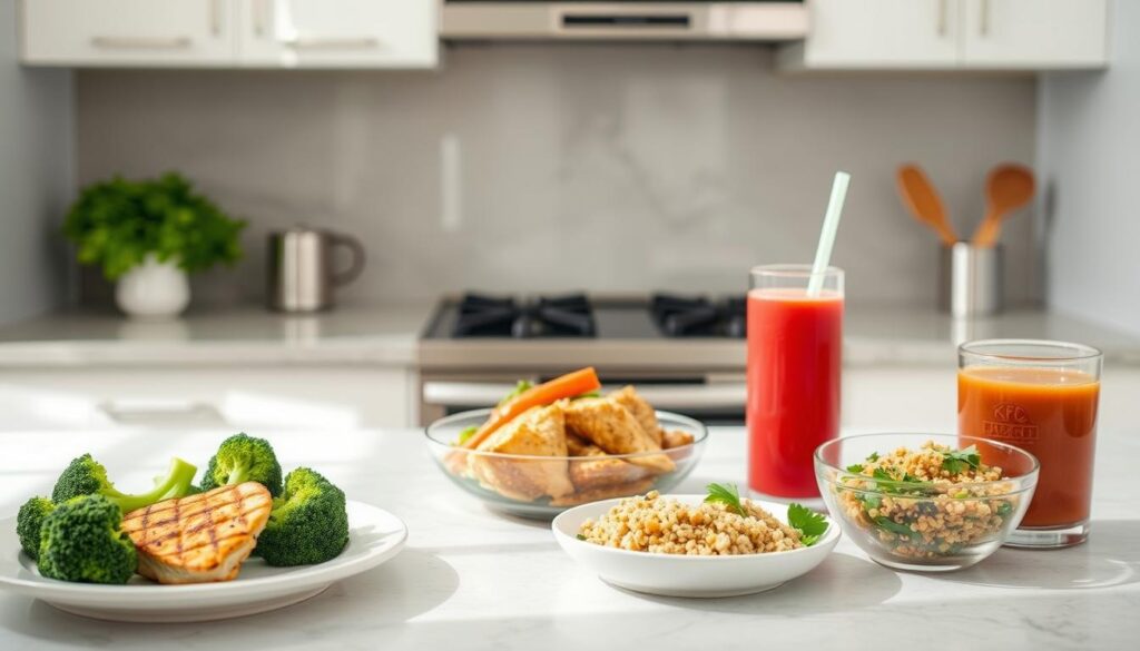 A clean, well-lit kitchen counter showcases an array of fresh, nutritious ingredients - grilled chicken, steamed broccoli, quinoa salad, and a vibrant fruit smoothie. The scene exudes a sense of healthy, balanced living, with muted tones and natural lighting highlighting the vibrant colors of the meal alternatives. The kitchen's minimalist design and the careful arrangement of the dishes convey a calm, inviting atmosphere, suggesting a departure from the typical fast-food offerings. The image aims to inspire viewers to consider healthier choices when dining at KFC, seamlessly integrating into the "Healthier Menu Alternatives" section of the article.