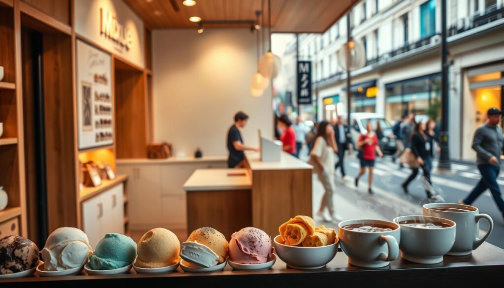 A cozy, well-lit Mixue Ice Cream and Tea Store, featuring a charming storefront with warm wooden accents and a inviting display of delectable treats. In the foreground, an array of colorful ice cream scoops in tempting flavors, accompanied by steaming cups of fragrant tea. The middle ground showcases the store's minimalist, modern interior, with sleek countertops and a minimalist, Scandinavian-inspired aesthetic. The background depicts the bustling street outside, with passersby creating a lively, urban atmosphere. The lighting is soft and natural, casting a gentle glow over the scene, evoking a sense of tranquility and indulgence. The overall composition conveys the store's commitment to quality, artisanal products and a welcoming, sophisticated ambiance.