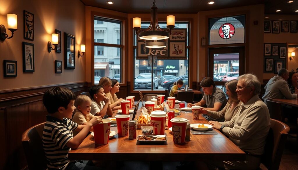 A cozy, well-lit family dining room in a KFC restaurant. A large wooden table is set with KFC buckets, sides, and drinks, surrounded by comfortable chairs. Children are happily eating, while parents engage in lively conversation. Soft lighting from wall sconces and a central chandelier creates a warm, inviting atmosphere. The walls are adorned with KFC memorabilia and framed photographs, giving the space a nostalgic, family-friendly vibe. The room has a classic, yet modern design, with clean lines and natural wood tones. A large window offers a view of a bustling city street outside, further enhancing the sense of community and togetherness.