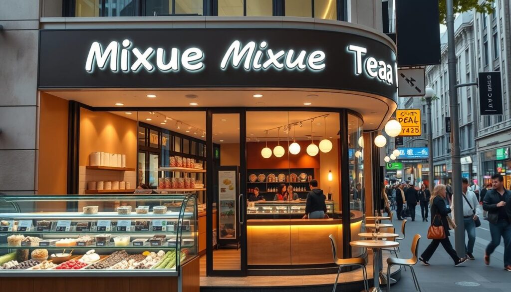 A crisp, well-lit image of a Mixue Ice Cream & Tea storefront set against a lively urban backdrop. The storefront features an elegant design with clean lines, warm lighting, and a prominent display showcasing an array of tempting ice cream flavors and tea varieties. In the foreground, a display case highlights the high-quality ingredients used in the products, including fresh fruits, premium teas, and other natural components. The middle ground captures the store's inviting atmosphere, with customers enjoying their treats at stylish tables and chairs. The background depicts a bustling city street, with passersby adding to the vibrant, upbeat energy of the scene. The overall composition conveys a sense of premium quality, attention to detail, and a commitment to providing a delightful customer experience.