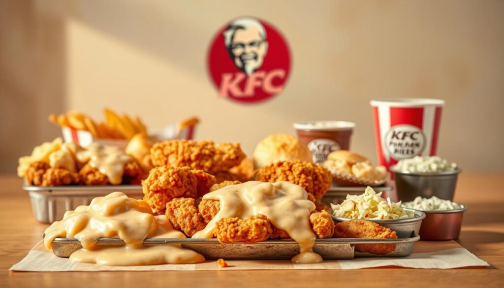 A delectable assortment of KFC's signature combo meals, artfully arranged against a soft, warm-toned backdrop. In the foreground, an array of classic KFC favorites - crispy fried chicken, fluffy mashed potatoes, and creamy gravy, all presented in a rustic, metal serving tray. The middle ground features a variety of sides, from flaky biscuits to tangy coleslaw, complementing the main dishes. In the background, a subtly blurred KFC logo or branding element provides context, while the overall scene is illuminated by natural, diffused lighting that casts a comforting glow, evoking the inviting atmosphere of a KFC restaurant.