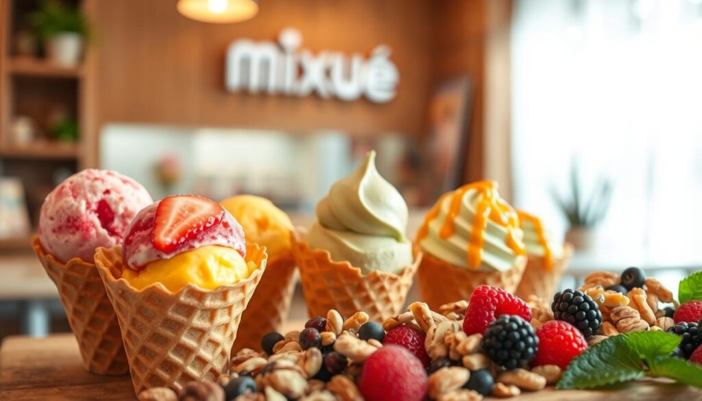 A delightful arrangement of seasonal Mixue ice cream flavors, meticulously crafted with vibrant colors and natural ingredients. In the foreground, a selection of scoops showcasing luscious strawberry, refreshing mango, and creamy matcha varieties, nestled in crisp waffle cones. The middle ground features an array of toppings, including juicy berries, toasted nuts, and a drizzle of honey, adding textural contrast. The background depicts a softly blurred backdrop of a cozy Mixue tea house, bathed in warm, natural lighting that accentuates the inviting atmosphere. The overall composition radiates a sense of health-conscious indulgence, perfectly capturing the essence of Mixue's seasonal menu.