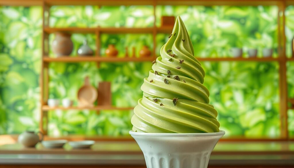 A delightful, frozen masterpiece of Mixue's Green Tea Ice Cream stands out against a bright, verdant backdrop. The ice cream's vibrant emerald hue glistens under soft, natural lighting, inviting a closer look. Atop the smooth, creamy treat, delicate swirls and specks of ground green tea leaves add a textural contrast. The scene is set in a cozy, artisanal ice cream shop, with wooden shelves and a minimalist counter framing the frozen delight. The overall atmosphere conveys a sense of high-quality, innovative indulgence - a perfect representation of Mixue's "Green Tea Ice Cream Innovation".