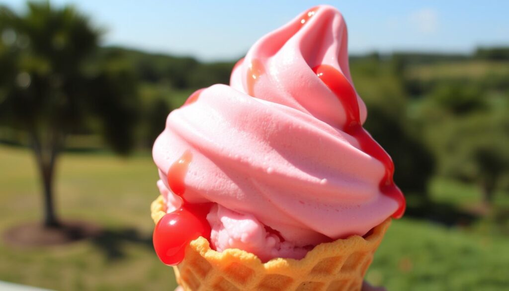 A delightful scoop of Mixue's famous strawberry ice cream, its creamy texture and vibrant pink hue shimmering under warm afternoon sunlight. The ice cream sits atop a waffle cone, its crisp golden-brown exterior contrasting beautifully with the soft, pillowy scoops. Glistening strawberry syrup drizzles down the sides, adding a tantalizing sweetness. In the background, a blurred landscape of lush greenery and a clear blue sky creates a serene, summery atmosphere. The composition is framed at a slightly elevated angle, capturing the enticing details of this irresistible Strawberry Sensation treat.
