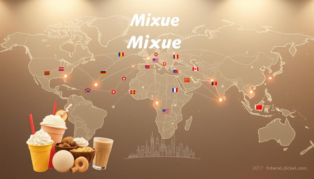 A detailed, high-resolution map of Mixue's global expansion, showcasing its worldwide presence. In the foreground, a vibrant illustration of Mixue's iconic ice cream and tea products, rendered with a soft, inviting palette. The middle ground depicts a network of international flags and landmarks, highlighting Mixue's cultural adaptations across diverse regions. In the background, a sleek, futuristic world map, rendered in muted tones, with glowing nodes representing Mixue's global growth trajectory. The image conveys a sense of Mixue's dynamic, yet thoughtful international expansion, capturing the brand's ability to blend local flavors with its signature delights.