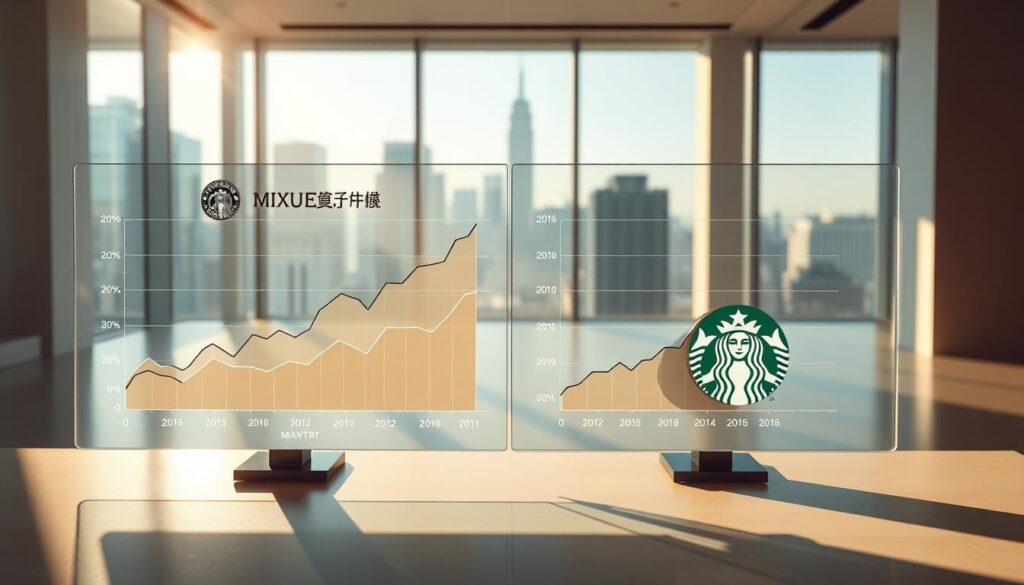 A detailed side-by-side comparison of the financial performance and growth trajectories of Mixue Ice Cream & Tea and Starbucks. The foreground features dynamic line charts depicting revenue, profit, and expansion trends for both companies over the past decade, displayed on a sleek glass display. The middle ground showcases stylized corporate logos and branding elements, bathed in warm, directional lighting that casts long shadows. The background is a crisp, minimalist office setting with floor-to-ceiling windows overlooking a modern cityscape, conveying a sense of professional sophistication and global market presence.