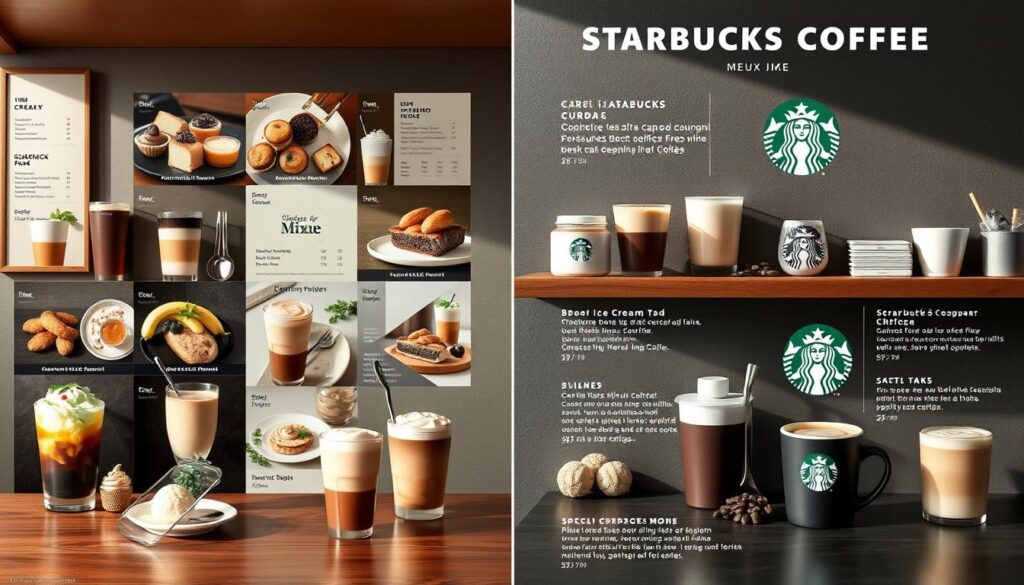 A detailed side-by-side comparison of the menus and product offerings from Mixue Ice Cream & Tea and Starbucks Coffee, captured in a sleek and minimalist design aesthetic. The image should feature clean product shots arranged in a grid layout, highlighting the diverse range of beverages, desserts, and specialty items available at each establishment. Subtle shadows and reflections create depth, while muted, earthy tones convey a sense of sophistication. The overall composition should feel balanced and visually appealing, allowing the viewer to easily grasp the key differences and similarities between the two brands' product portfolios.