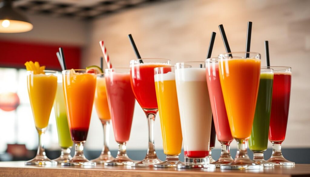 A detailed, well-lit closeup of a KFC drinks menu display featuring an array of colorful beverages in tall, sleek glasses. The menu is presented against a soft, out-of-focus background, giving it a polished, professional appearance. The lighting is warm and natural, highlighting the vibrant hues and glossy surfaces of the drinks. The overall composition is balanced and aesthetically pleasing, drawing the viewer's attention to the varied selection of tempting beverages. The scene conveys a sense of refinement and appetite appeal, perfectly capturing the essence of the "Complete KFC Drinks Menu Overview".
