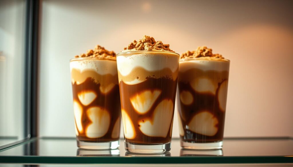 A glass-fronted display case showcases a trio of tempting KFC Iced Koffee Krunch Drinks. The beverages are layered with rich espresso, creamy ice cream, and crunchy coffee streusel, creating a visually enticing and indulgent treat. Soft, diffused lighting casts a warm glow, highlighting the drinks' glossy, condensation-beaded surfaces. The scene is captured from a slightly low angle, emphasizing the drinks' prominence and inviting the viewer to imagine the satisfying taste and texture. The backdrop is a clean, minimalist setting, allowing the star attraction - the Iced Koffee Krunch Drinks - to take center stage.