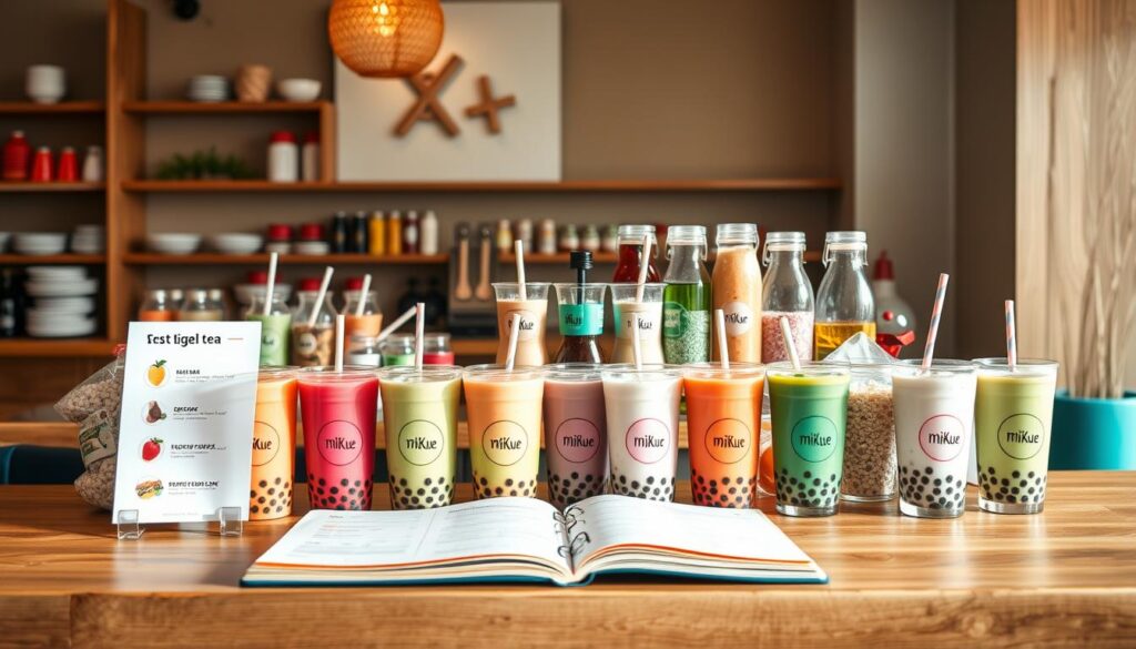 A high-quality, detailed image showcasing the customization options and toppings selection for Mixue bubble tea. Centered on a wooden counter, an array of colorful bubble tea cups, syrups, boba pearls, and other toppings are neatly arranged. Soft, natural lighting illuminates the scene, creating a warm, inviting atmosphere. The foreground features an open menu board displaying the various flavor choices, while the background depicts a minimalist café setting with clean lines and natural materials. The overall composition highlights the personalization and artisanal nature of the Mixue bubble tea experience.