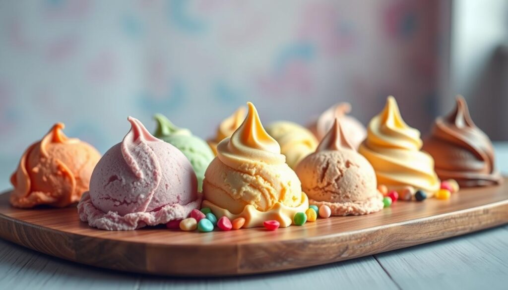 A high-quality image of an array of colorful and inviting Mixue ice cream scoops, showcasing the brand's seasonal flavors. The scoops are arranged artfully on a smooth wooden surface, with a soft, natural lighting illuminating the creamy textures and vibrant hues. In the background, a blurred, pastel-tinted backdrop suggests a serene, atmospheric setting, creating a sense of harmony and visual appeal. The composition captures the essence of Mixue's diverse seasonal offerings, enticing the viewer to explore the brand's refreshing and innovative ice cream flavors.