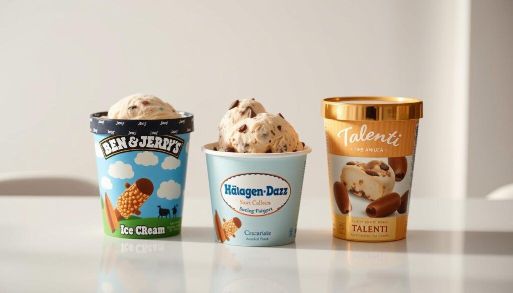 A high-quality studio shot showcasing three iconic premium ice cream pints - Ben & Jerry's, Häagen-Dazs, and Talenti. The pints are arranged in a clean, minimalist arrangement on a sleek white table, with perfect lighting that highlights the vibrant colors and textures of the ice cream. The scene has a sophisticated, upscale atmosphere, with a slight depth of field blur creating a sense of depth. The camera angle is slightly angled to provide an engaging perspective, capturing the brands in a comparative layout that invites the viewer to examine and compare the distinctive packaging designs. Subtle highlights and shadows emphasize the premium, artisanal nature of these top-tier ice cream labels.