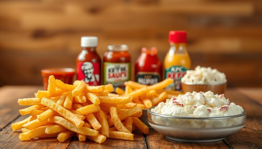 A high-resolution photograph of a tempting display of KFC's signature side dishes, shot with a shallow depth of field and warm lighting. In the foreground, crisp golden-brown French fries, fluffy mashed potatoes, and creamy coleslaw are artfully arranged on a rustic wooden table. In the middle ground, a selection of KFC's signature sauces and condiments, their vibrant colors and textures complementing the side dishes. The background features a blurred, warm-toned backdrop, suggesting a cozy, inviting KFC restaurant setting. The overall composition and styling evoke a sense of homemade comfort and KFC's dedication to delicious, high-quality side dishes.