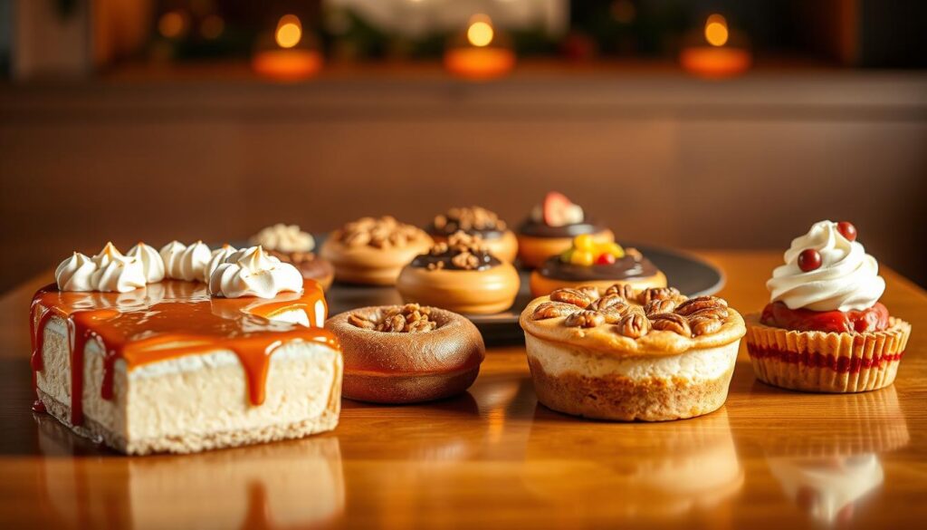 A lush, mouth-watering display of KFC's seasonal dessert offerings sits atop a gleaming, wooden table. In the foreground, an array of delectable treats - from a creamy, caramel-drizzled cheesecake to a fluffy, golden-crusted pecan pie - beckon the viewer. The middle ground showcases a variety of individual-sized sweets, including a rich, chocolate-dipped doughnut and a vibrant, fruit-topped tart. In the background, a warm, soft-lit ambiance sets the stage, hinting at the cozy, indulgent experience that awaits. Subtle shadows and highlights accentuate the textures and shapes of the desserts, creating a visually captivating and mouthwatering scene.