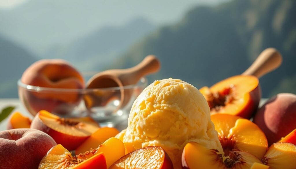 A lush, vibrant scene of Mixue's signature Peach Mountain ice cream. In the foreground, a decadent scoop of peach-infused ice cream, its soft texture and golden hue glistening under warm, natural lighting. Surrounding it, an array of fresh peach slices, their fuzzy skin and juicy flesh invitingly displayed. In the middle ground, a rustic wooden scoop rests alongside a glass dish, complementing the earthy tones. The background features a soft, blurred mountainous landscape, hinting at the treat's origin and inspiring a sense of tranquility. The overall composition evokes a sense of artisanal craftsmanship and the delightful flavors of summer.