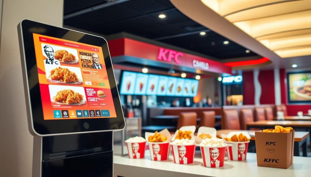 A modern, well-lit digital ordering kiosk stands prominently in the foreground, its sleek touchscreen interface displaying an array of mouthwatering KFC combo meal options. In the middle ground, neatly arranged buckets and boxes of fried chicken, mashed potatoes, and signature sides beckon customers, while the background features the warm, inviting ambiance of a contemporary KFC restaurant, complete with cozy seating and branded decor. The overall scene conveys an efficient, technology-driven ordering experience paired with the classic, craveable flavors of KFC's beloved combo meals.