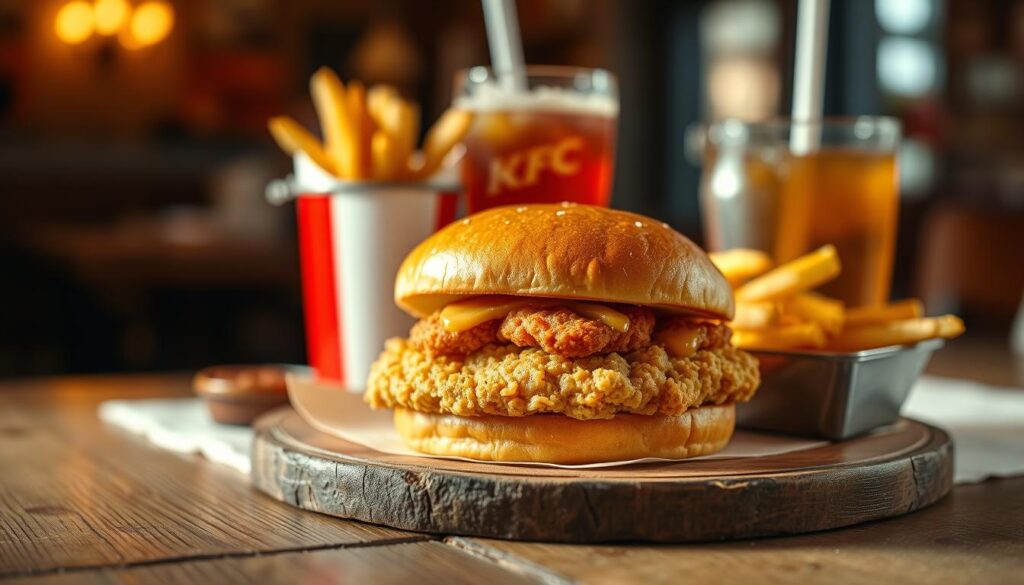 A mouthwatering KFC chicken sandwich rests on a rustic wooden table, its golden-brown battered exterior glistening under warm, soft lighting. The sandwich is presented alongside a side of crispy, seasoned fries and a refreshing beverage, creating a visually appealing and tempting lunch menu display. The table is adorned with a simple, yet elegant white tablecloth, adding a touch of sophistication to the scene. The composition features a shallow depth of field, allowing the sandwich to be the focal point, while the background remains pleasantly blurred, creating a sense of focus and emphasis on the star of the meal.