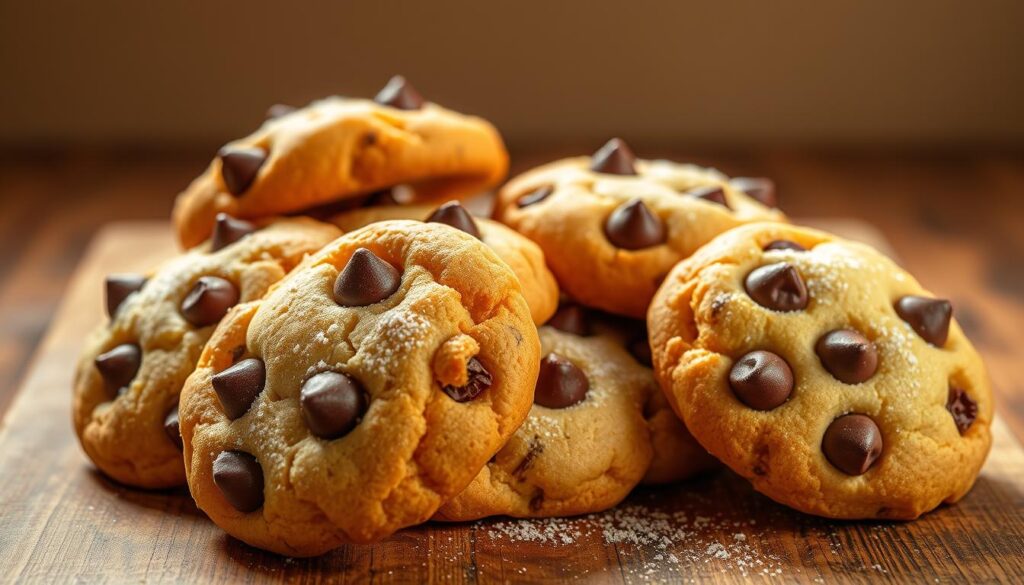 A mouthwatering arrangement of freshly baked KFC dessert cookies, artfully presented on a rustic wooden surface. The cookies, golden-brown with a delicate crunch, are dotted with rich chocolate chips that contrast beautifully with the buttery dough. Soft, pillowy centers tempt the senses, while a light dusting of powdered sugar adds a touch of sweetness. Warm kitchen lighting casts a cozy glow, highlighting the tempting textures and inviting the viewer to indulge. The cookies are positioned in the foreground, with a simple background of neutral tones to allow the delectable treats to take center stage. An irresistible sight that captures the essence of KFC's sweet dessert offerings.