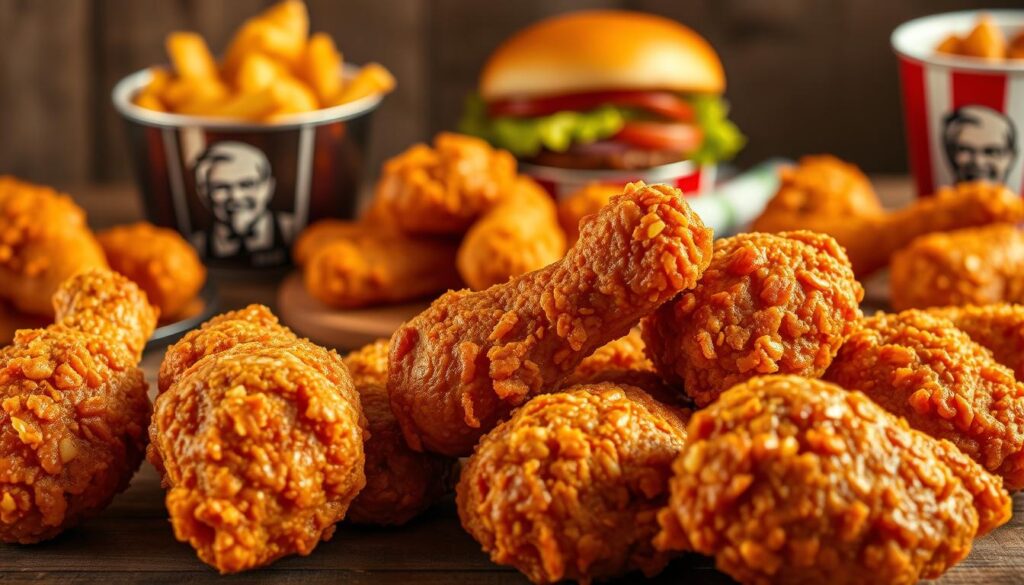 A mouthwatering display of KFC's signature Extra Crispy Chicken menu items, bathed in warm, golden-brown hues and shot with a shallow depth of field. In the foreground, a cluster of crispy, perfectly seasoned drumsticks and thighs, glistening with a crackly, crunchy exterior. In the middle ground, a selection of individual pieces and combos, arranged artfully on a rustic wooden surface. The background is softly blurred, allowing the focus to remain on the star of the show - the Extra Crispy Chicken, in all its glory. The lighting is natural and flattering, enhancing the tempting textures and tantalizing details of these iconic KFC specialties.