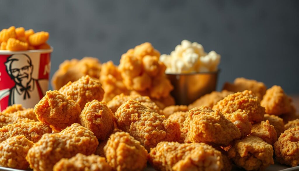 A mouthwatering display of KFC's signature chicken varieties, captured in a high-quality, detailed image. The foreground showcases an assortment of golden-fried chicken pieces, including the iconic Original Recipe, Extra Crispy, and Popcorn Chicken, arranged in a visually appealing manner. The middle ground features the unique textures and colors of the various chicken cuts, with highlights on the crunchy skin and juicy meat. The background is a simple, neutral setting, allowing the focus to remain on the delectable chicken. The lighting is natural and flattering, enhancing the appetizing appearance of the dish. The overall atmosphere conveys a sense of culinary excellence and the irresistible allure of KFC's signature chicken offerings.