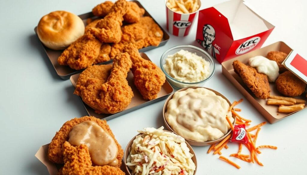 A neatly arranged display of delectable KFC lunch menu items, captured in a clean, bright studio setting with natural, soft lighting. A wide variety of classic KFC favorites, including juicy fried chicken, flaky biscuits, creamy mashed potatoes, savory gravy, and vibrant coleslaw, are elegantly presented on a neutral-colored surface, allowing the vibrant colors and textures of the food to take center stage. The composition is balanced, with items arranged in an appealing, symmetrical layout, creating a sense of harmony and completeness. The overall mood is one of mouthwatering temptation, inviting the viewer to explore the diverse and satisfying options of the KFC lunch menu.
