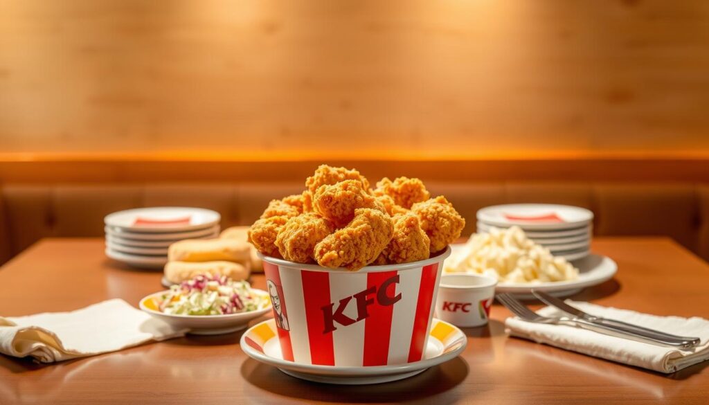 A neatly arranged table against a warm, cozy backdrop, showcasing the key components of a KFC Two-Person Meal. In the foreground, a crisp bucket of golden-fried chicken, accompanied by fluffy biscuits, creamy mashed potatoes, and a vibrant coleslaw. The lighting is soft and inviting, casting a gentle glow over the scene. In the middle ground, two sets of plates, utensils, and napkins, hinting at the meal's intended sharing experience. The background features a subtly textured wall, with a touch of rustic charm that complements the comforting ambiance of the KFC dining experience.