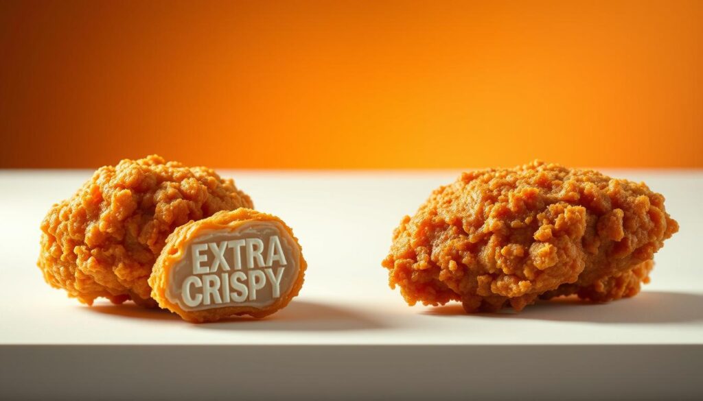 A side-by-side comparison of KFC's iconic Original Recipe and Extra Crispy fried chicken, captured under warm studio lighting with a shallow depth of field. In the foreground, two plump, glistening pieces of chicken, one from each variety, are presented on a clean white surface. The middle ground showcases the distinctive textures of the two preparations - the matte, golden-brown crust of the Original Recipe contrasting with the shiny, crunchy shell of the Extra Crispy. In the background, a subtle gradient backdrop in earthy tones provides a refined, appetizing setting. The overall scene conveys the mouthwatering appeal and distinct qualities of these classic KFC favorites.