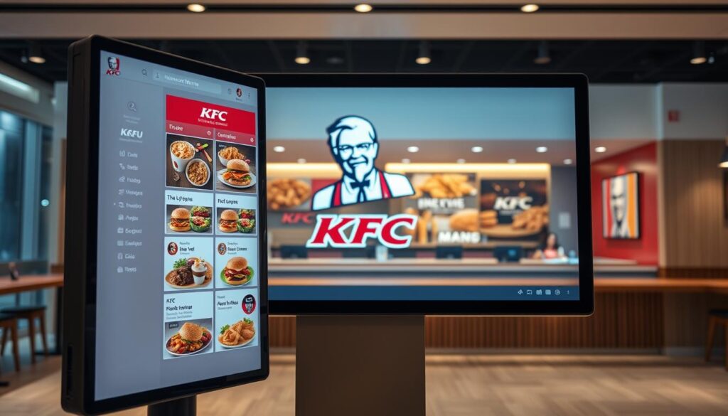 A sleek, modern digital interface showcasing the KFC menu. In the foreground, a large touchscreen display dominates the scene, its crisp, high-resolution graphics inviting customers to browse and order. The interface features intuitive navigation, vibrant food imagery, and smooth animations, creating an engaging and seamless ordering experience. In the middle ground, the KFC brand is prominently displayed, its iconic Colonel Sanders logo and warm, inviting color palette setting the tone. The background subtly suggests a contemporary KFC restaurant, with clean lines, warm lighting, and a minimalist design aesthetic. The overall scene conveys efficiency, convenience, and a high-tech, yet approachable, dining experience.