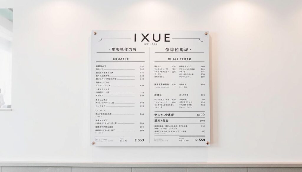 A sophisticated, minimalist menu board featuring Mixue's signature ice cream and bubble tea offerings. The menu is displayed against a clean, soft-focus background, with a muted color palette of pastel blues, grays, and whites to convey a calming, premium aesthetic. The menu items are clearly and neatly laid out, with precise pricing information for each product. The lighting is soft and even, highlighting the menu's elegant simplicity. The overall composition is balanced and visually appealing, drawing the viewer's attention to the key details of Mixue's product lineup and pricing.
