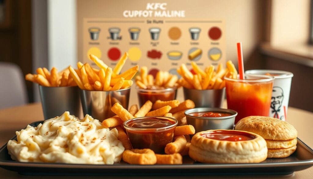 A tantalizing display of KFC's signature sides, artfully arranged in a visually appealing composition. The foreground features an array of classic KFC sides, such as creamy mashed potatoes, crispy golden fries, and fluffy biscuits, all presented on a sleek, modern tray. The middle ground showcases the customization options, with various dipping sauces, seasonings, and condiments, allowing the viewer to envision the perfect combo meal. The background maintains a soft, blurred focus, creating a sense of depth and emphasizing the main subjects. The lighting is warm and natural, highlighting the vibrant colors and textures of the KFC offerings. The overall mood is one of mouthwatering anticipation, inviting the viewer to explore the delicious possibilities of KFC's signature sides and combo customization.