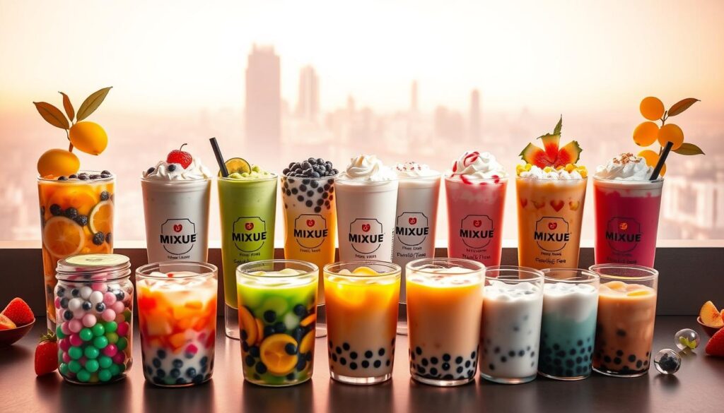 A vibrant and alluring display of Mixue bubble tea options, showcased against a backdrop of soft, pastel-hued tones. In the foreground, an array of colorful boba pearls, vibrant fruit slices, and creamy milk teas are presented in tempting glass jars, illuminated by warm, diffused lighting that casts gentle shadows. The middle ground features an array of classic and innovative Mixue bubble tea flavors, including matcha, taro, and tropical fruit variants, each topped with fluffy, cloud-like foam and delicate garnishes. In the background, a subtle, blurred cityscape hints at the urban setting, creating a sense of modern sophistication. The overall scene evokes a refreshing, artisanal, and visually captivating experience, perfectly capturing the essence of Mixue's irresistible bubble tea offerings.
