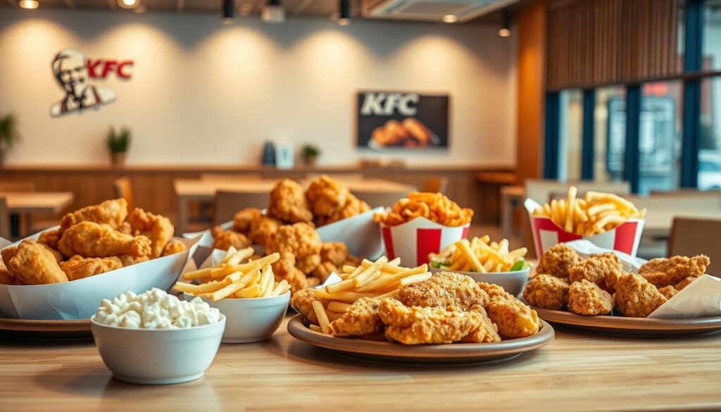 A vibrant and appetizing display of KFC's seasonal menu offerings, captured in a warm and inviting atmosphere. In the foreground, an array of signature KFC dishes, including the famous fried chicken, various sides, and tempting seasonal specials, all presented on a clean, wooden table. The middle ground features a subtly blurred backdrop of a modern KFC restaurant interior, with clean lines, natural materials, and soft lighting creating a cozy ambiance. The overall composition evokes a sense of comfort, quality, and the excitement of discovering new and limited-time KFC culinary delights.