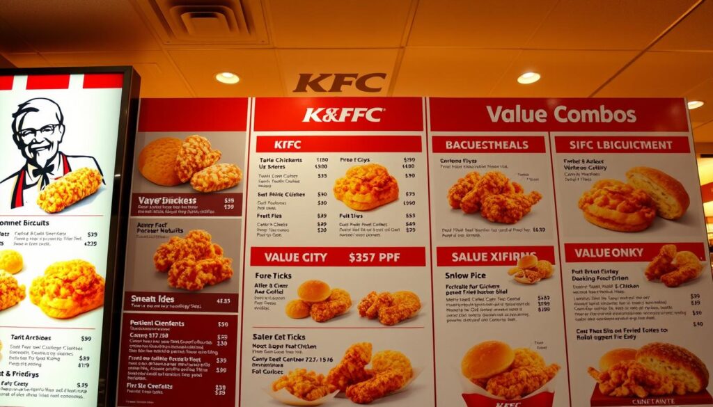 A vibrant and detailed image of the KFC menu, showcasing the various value meal and combo options. The foreground features a clean, well-lit display of the menu items, with mouthwatering images of fried chicken, biscuits, and sides. The middle ground includes price points and brief descriptions of the deals, presented in a clear, easy-to-read format. The background is a warm, inviting KFC restaurant interior, with subtle branding elements and a hint of the bustling kitchen activity. The overall scene is shot with a wide-angle lens, creating a sense of depth and immersion, and the lighting is soft and natural, highlighting the appetizing qualities of the food. The mood is one of delicious anticipation, inviting the viewer to explore the enticing options available.