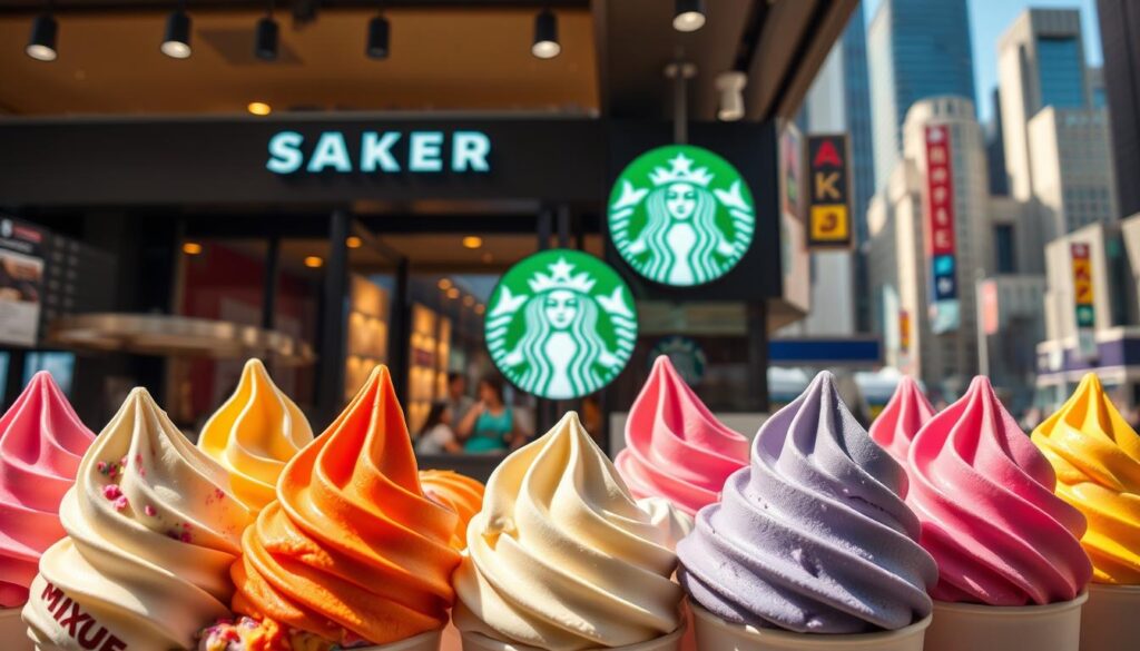 A vibrant and dynamic comparison of Mixue's colorful ice cream and Starbucks' classic coffee beverages. In the foreground, a tempting display of Mixue's delectable ice cream flavors in eye-catching pastel hues, each scoop a work of art. In the middle ground, a sleek and modern Starbucks cafe, its signature green siren logo prominently displayed. The background features a bustling urban cityscape, showcasing the global presence and popularity of these two iconic brands. The lighting is warm and inviting, highlighting the rich textures and vibrant colors of the scene. The composition is balanced and visually striking, inviting the viewer to ponder the merits of these two beloved purveyors of refreshment and indulgence.