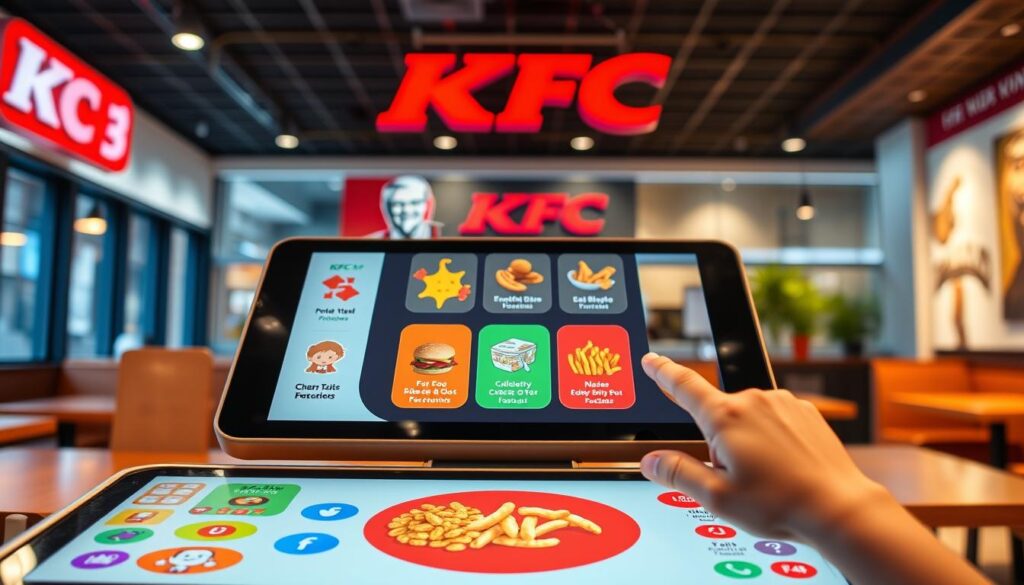 A vibrant and intuitive digital ordering interface for KFC Kids Meals, featuring a playful, kid-friendly design. The foreground showcases a colorful and engaging menu with tempting meal options, interactive icons, and friendly character illustrations. The middle ground depicts a sleek, user-friendly touchscreen device, with smooth transitions between menu sections and easy-to-navigate controls. The background sets the scene in a modern, well-lit KFC restaurant, with warm lighting and a cozy, family-friendly atmosphere. The overall composition conveys a sense of excitement and delight, encouraging kids to explore the menu and customize their meal with ease.