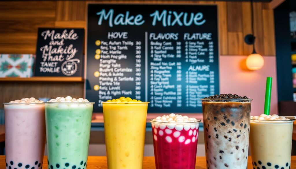 A vibrant and visually appealing menu display showcasing the most popular bubble tea flavors from Mixue. The foreground features an array of glass or plastic cups filled with various hues of bubbly, creamy drinks, each topped with a generous serving of tapioca pearls. The middle ground highlights a sleek, modern menu board with hand-lettered or digital displays presenting the flavor options in an enticing manner. The background sets the scene with a warm, inviting cafe ambiance, perhaps featuring wood tones, pastel accents, and subtle lighting that creates a cozy, inviting atmosphere. The overall composition conveys the irresistible allure of Mixue's signature bubble tea creations, enticing the viewer to indulge in these delectable, customizable beverages.