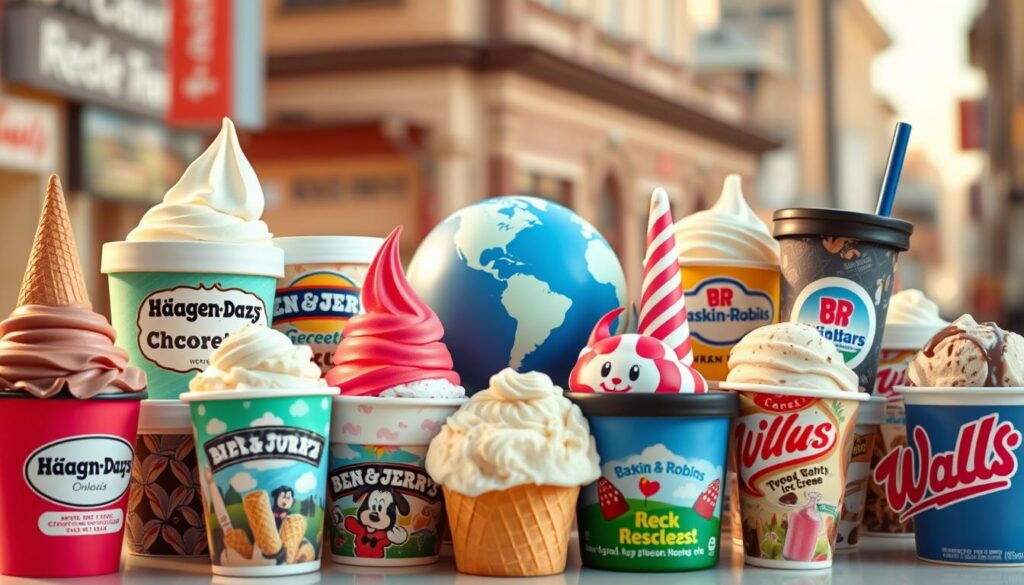 A vibrant collage of the world's most iconic ice cream brands, captured in a high-quality, realistic style. In the foreground, an assortment of classic ice cream cones and cups, each showcasing the distinct branding and logos of top international labels like Häagen-Dazs, Ben & Jerry's, Baskin-Robbins, and Walls. The middle ground features a stylized globe, emphasizing the global reach and popularity of these beloved ice cream brands. The background is a soft, blurred scene of a bustling city, hinting at the international presence and widespread appeal of these companies. Warm, natural lighting illuminates the scene, creating a welcoming and inviting atmosphere.