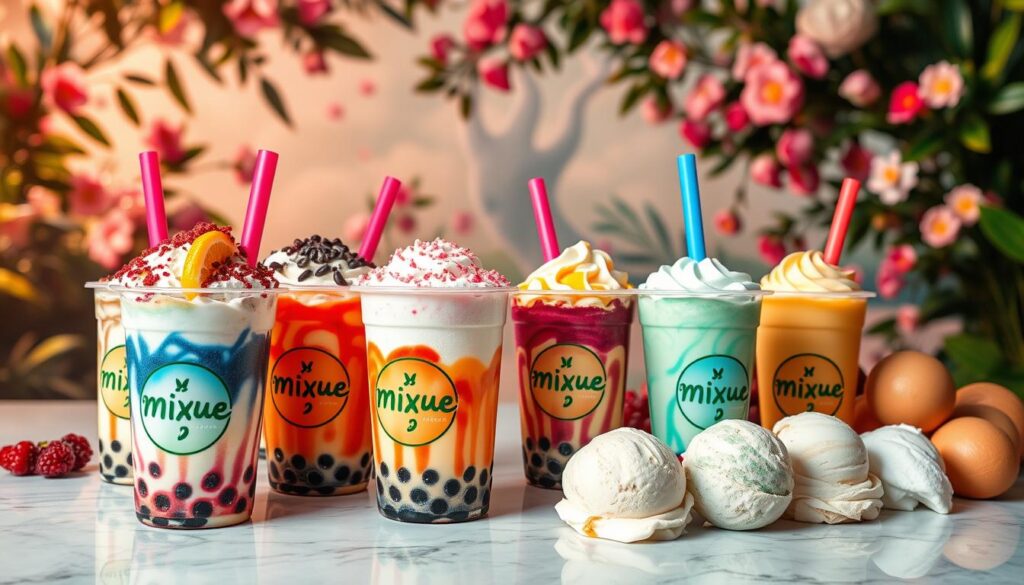 A vibrant display of Mixue bubble tea flavors in a visually stunning fusion creation. Foreground features an array of tempting bubble tea cups, each overflowing with colorful toppings, swirling syrups, and frothy textures. Middle ground showcases creamy ice cream scoops in complementary flavors, artfully arranged. Background depicts a lush, dreamlike setting with soft lighting and a hint of whimsy, evoking a sense of indulgence and delight. Captured with a wide-angle lens to accentuate the depth and complexity of this imaginative flavor fusion. The overall mood is one of irresistible, playful sophistication, inviting the viewer to dive into this tempting world of Mixue's innovative bubble tea creations.