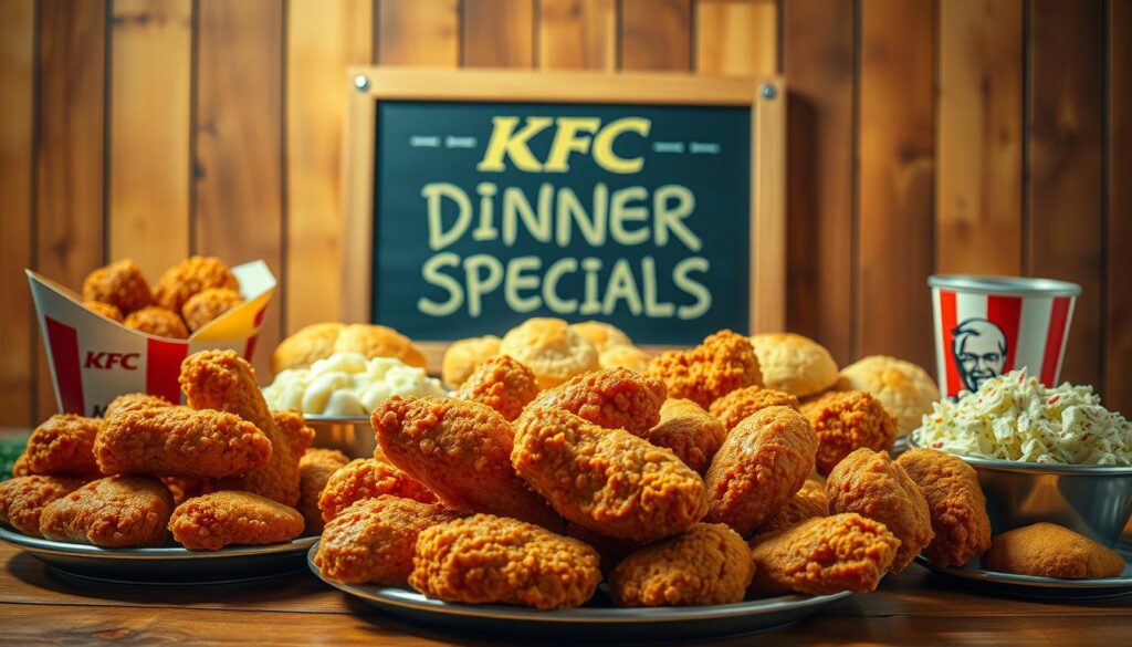 A vibrant, high-contrast image of a KFC dinner display set against a warm, rustic backdrop. In the foreground, a mouthwatering selection of KFC's signature fried chicken, golden-brown and glistening, arranged in a bountiful spread. Surrounding the chicken, a variety of delectable sides like creamy mashed potatoes, flaky biscuits, and crisp coleslaw. The middle ground features a chalkboard-style menu board showcasing the "KFC Dinner Specials" in bold, inviting typography. Soft, diffused lighting casts a cozy, homey atmosphere, while the background subtly suggests the warm, welcoming ambiance of a classic KFC restaurant. The overall composition conveys the irresistible allure of KFC's hearty, freshly-prepared dinner offerings.