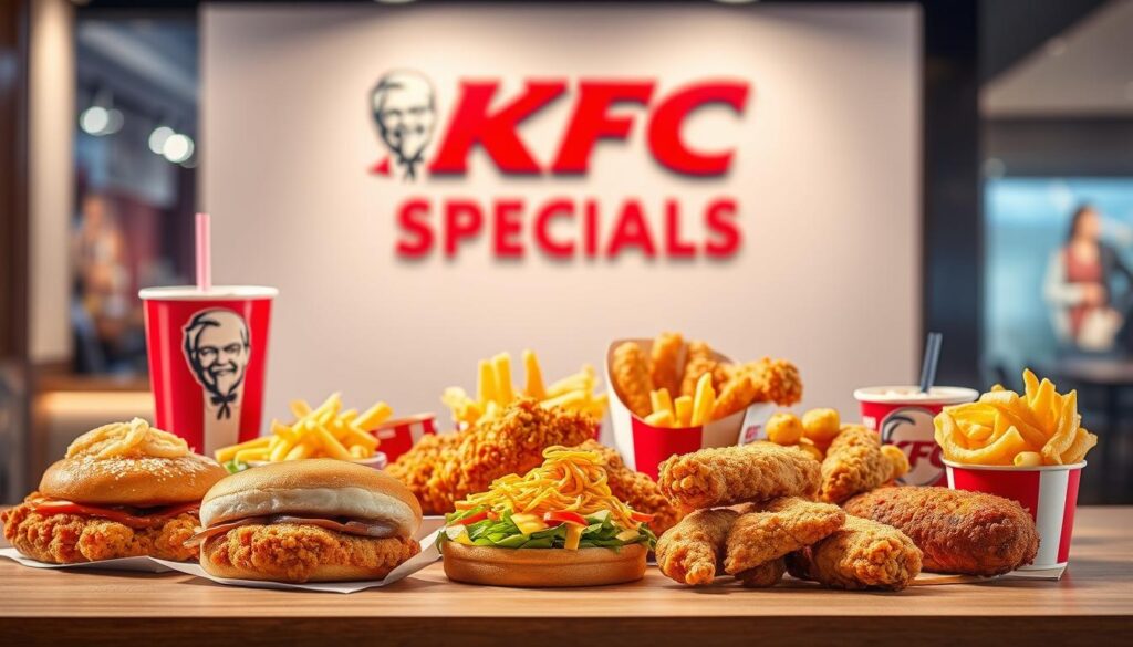 A vibrant, high-quality image of the KFC menu specials and deals, featuring an array of mouthwatering fried chicken dishes, sides, and beverages. The foreground showcases the key menu items in a visually appealing arrangement, captured with a professional-grade camera lens that emphasizes the textures, colors, and tempting details of the food. The middle ground includes a clean, minimalist background that allows the menu items to take center stage, while the background provides a subtle, elegant context, such as a sleek, modern KFC restaurant interior or a softly blurred outdoor setting. The lighting is well-balanced, creating a warm, inviting atmosphere that heightens the appetite appeal of the menu specials. The overall composition and styling convey a sense of premium quality, limited-time exclusivity, and the signature KFC brand experience.