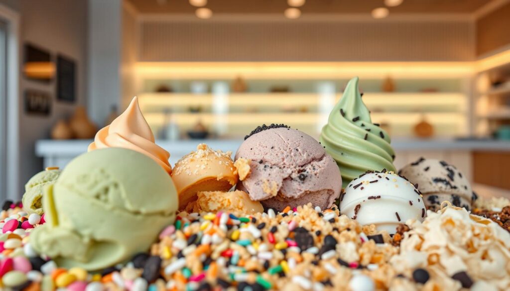 A vibrant, mouth-watering display of innovative ice cream flavors, captured in a high-resolution, expertly-lit photograph. In the foreground, an array of delicately crafted scoops in unique, unexpected flavors like matcha green tea, spiced honey, and charcoal black sesame. The middle ground showcases a variety of toppings and mix-ins, from colorful sprinkles to crunchy honeycomb pieces and freshly shaved chocolate. The background features a sleek, minimalist ice cream parlor setting, with clean lines, warm lighting, and a sense of artisanal elegance. The overall composition and styling convey a sense of creativity, indulgence, and the endless possibilities of ice cream innovation.