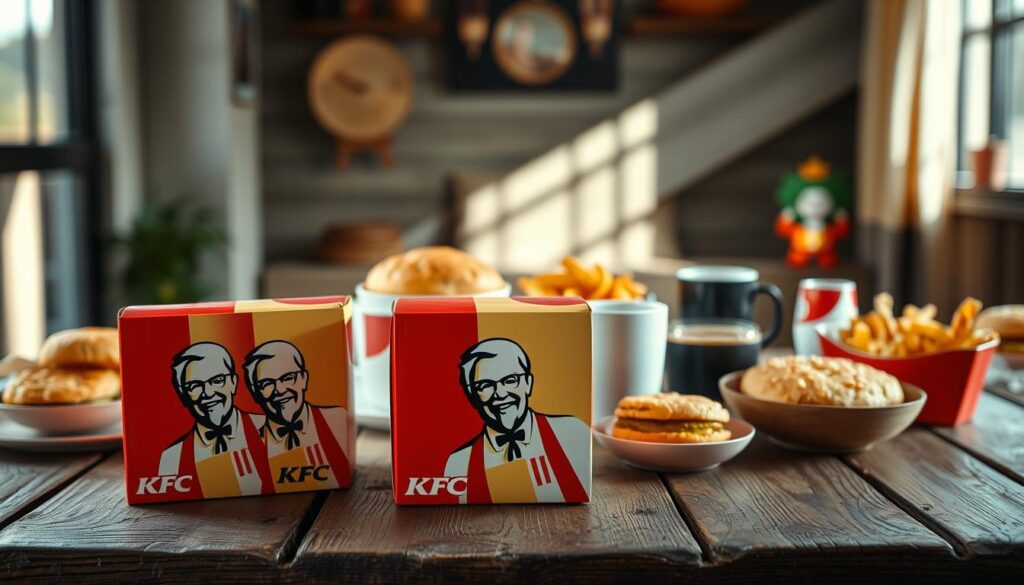 A vibrant still-life scene of KFC Breakfast Deal Boxes, arranged in a visually appealing composition on a rustic wooden table. The boxes are in the foreground, showcasing the iconic KFC branding and packaging design in warm, earthy tones. In the middle ground, a selection of breakfast items such as biscuits, hash browns, and coffee cups add depth and context. The background is softly blurred, creating a cozy, intimate atmosphere. Dramatic, natural lighting casts subtle shadows, emphasizing the textures and details of the scene. The overall mood is inviting and appetizing, reflecting the delicious and satisfying nature of the KFC Breakfast Deal.