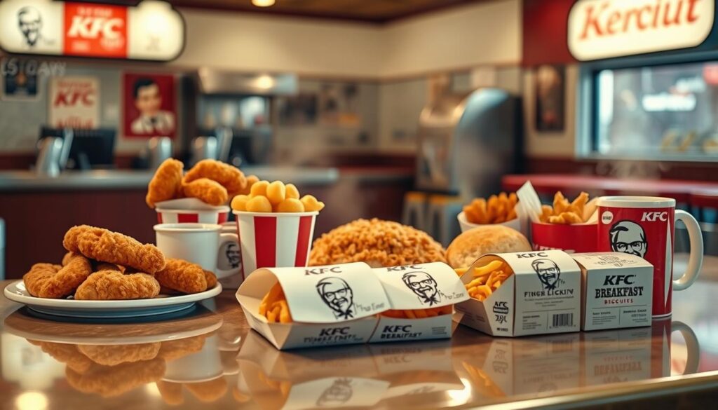 A well-lit diner counter displaying an array of delectable KFC breakfast items - golden-fried chicken tenders, fluffy biscuits, crispy hash browns, and steaming cups of coffee. The scene exudes an inviting, nostalgic atmosphere, with subtle reflections on the glossy countertop and a warm, slightly vintage lighting scheme. In the foreground, a variety of value meal options are prominently showcased, their packaging and visual elements designed to entice the viewer. The overall composition conveys the tempting, finger-lickin' good nature of KFC's morning fare, perfectly capturing the essence of the "Value Meal Options for Morning Diners" section.