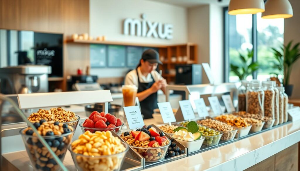 A well-lit, high-resolution image of the Mixue Ice Cream & Tea counter, showcasing a variety of healthier customization options. In the foreground, a clean, inviting display features an array of fresh fruit toppings, nuts, granola, and low-fat dairy options. The middle ground shows a barista meticulously assembling a customized ice cream or tea order, highlighting the care and attention to detail. The background features the warm, modern decor of the Mixue cafe, with natural lighting filtering in through large windows. The overall atmosphere conveys a sense of wellness, quality, and the ability to create a delicious, nutritious treat.