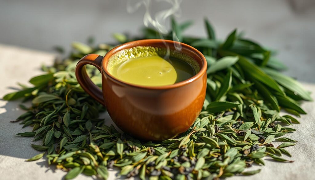 Mixue Green Tea Healthy Choices: a vibrant, close-up image showcasing a steaming cup of matcha green tea, with a smooth, earthy color and delicate foam. Surrounding the cup, an assortment of fresh green tea leaves, arranged artfully against a soft, blurred background, conveying a sense of calm and wellness. The lighting is natural and warm, highlighting the intricate textures and vibrant hues of the tea and leaves. The composition emphasizes the antioxidant-rich properties of the green tea, inviting the viewer to experience its healthful benefits. The overall mood is one of tranquility and mindfulness, capturing the essence of a rejuvenating green tea experience.