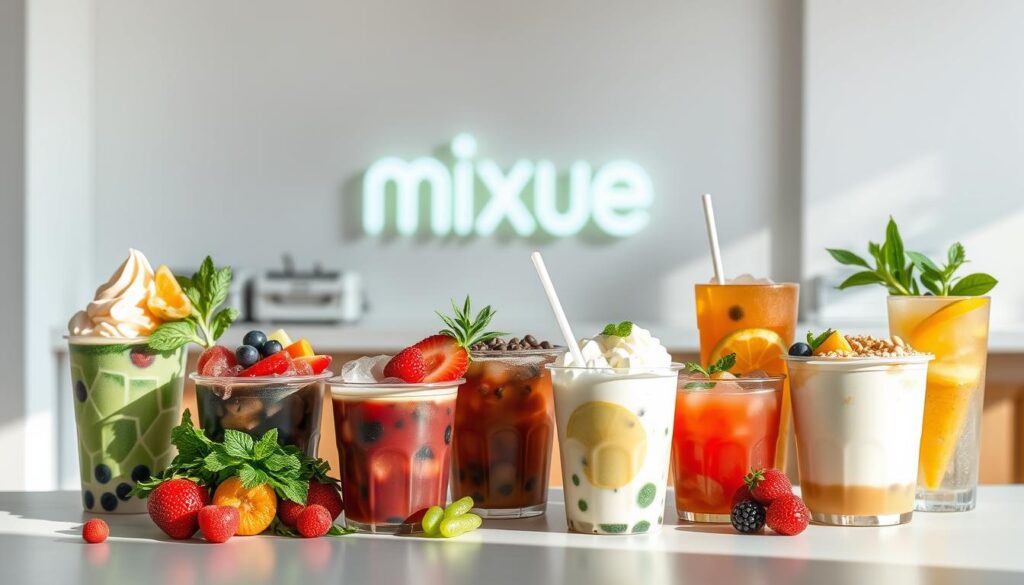 Mixue Ice Cream & Tea Healthy Menu Options: A vibrant, minimalist scene showcasing a selection of Mixue's refreshing and nutritious treats. In the foreground, an assortment of ice cream cups and tea glasses with fresh fruits, vegetables, and healthy toppings. A clean, modern countertop with a Mixue logo sign in the background. Soft, natural lighting illuminates the scene, creating a calming, inviting atmosphere. The overall composition emphasizes the freshness, quality, and health-conscious nature of Mixue's menu offerings.