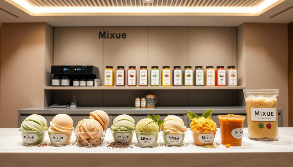 Mixue Ice Cream and Tea Product Range: A mouth-watering array of delectable treats on a sleek, modern counter. In the foreground, an assortment of colorful ice cream scoops in unique flavors like matcha, taro, and mango. The middle ground showcases an elegant display of glass-encased tea products, their labels showcasing the Mixue brand identity. The background features a minimalist interior design with clean lines, soft lighting, and a neutral color palette that accentuates the vibrant products. The overall scene conveys a sense of premium quality, innovation, and a commitment to delivering a premium customer experience.