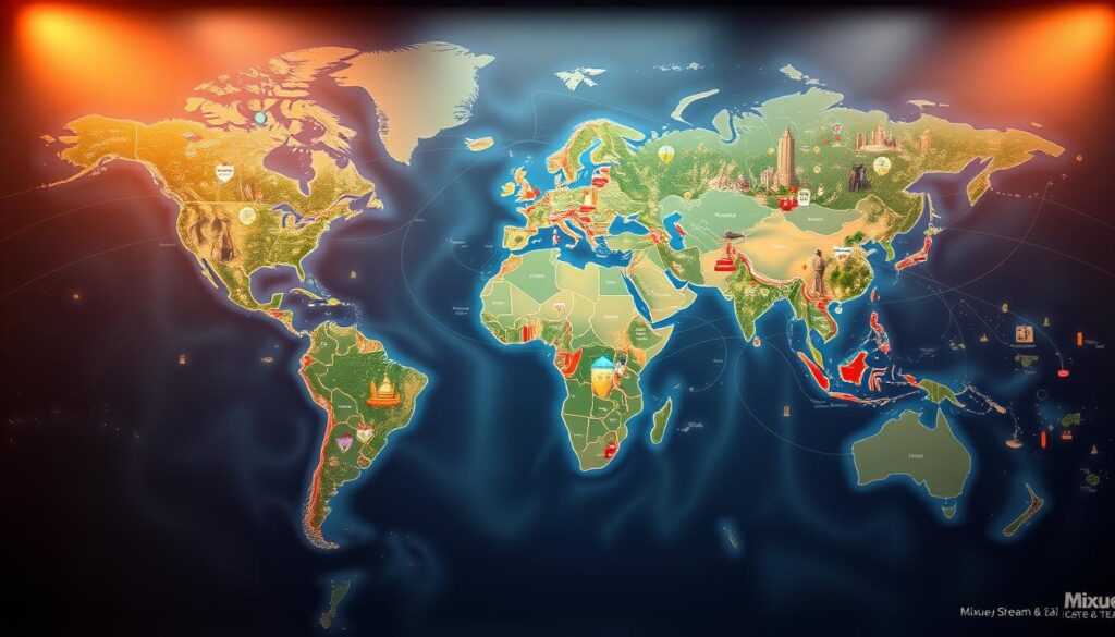 Mixue International Expansion Map, an immersive visualization showcasing the global footprint of Mixue Ice Cream & Tea. Rendered in a vibrant, cartographic style, the map depicts continents and countries connected by dynamic data visualizations. Intricate details like iconic landmarks, winding roads, and bustling cityscapes create a sense of depth and realism. Soft, warm lighting illuminates the scene, casting an inviting glow that evokes the brand's delightful essence. The composition balances informative data points with an artistic aesthetic, captivating the viewer and highlighting Mixue's remarkable worldwide expansion.